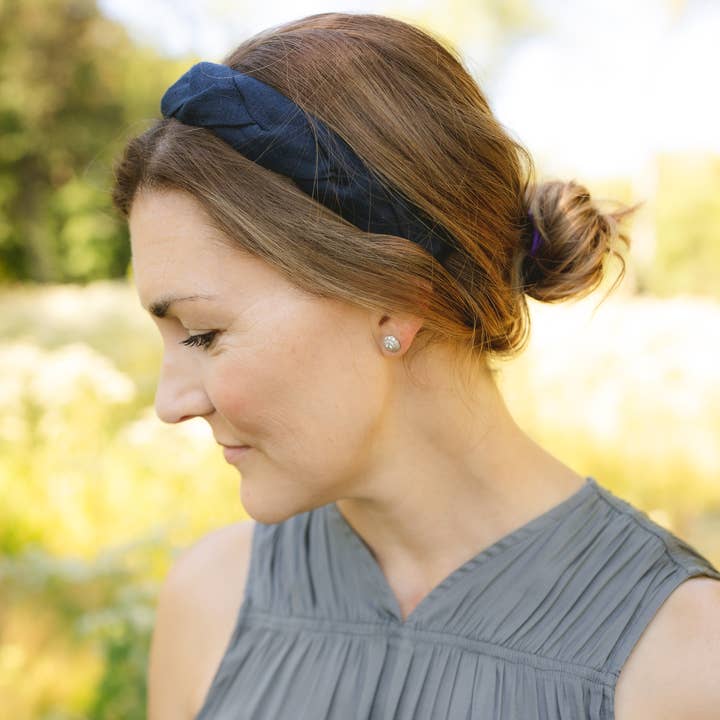 Navy Blue Braided European Linen Headband | Neutral Headband for wholesale by Maddie and Me Handmade