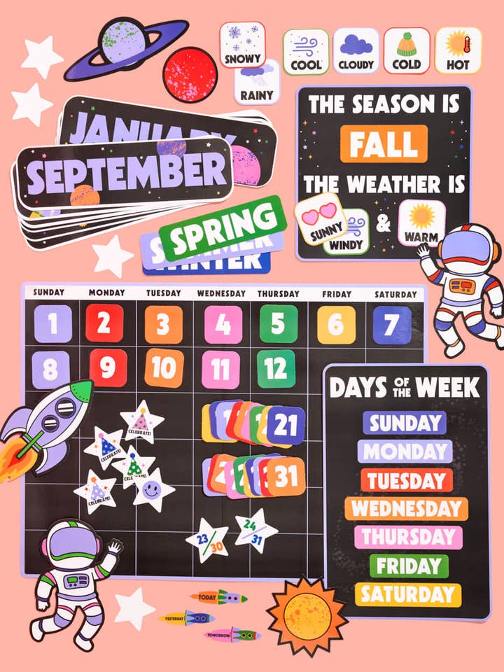 Ensemble de calendrier pour salle de classe spatiale - 81 pièces de tableau d'affichage pour la vente par Petit Fetti