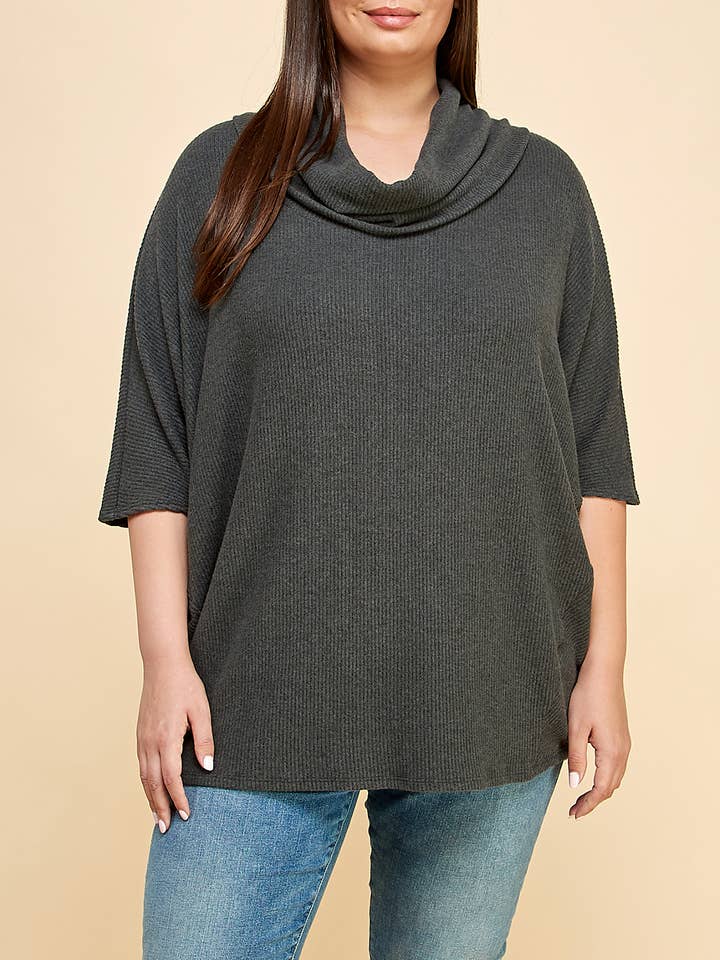 Gebürstetes Rippstrickoberteil mit Schildkrötenausschnitt in Übergröße, T260-PL für den Großhandel von Heimious