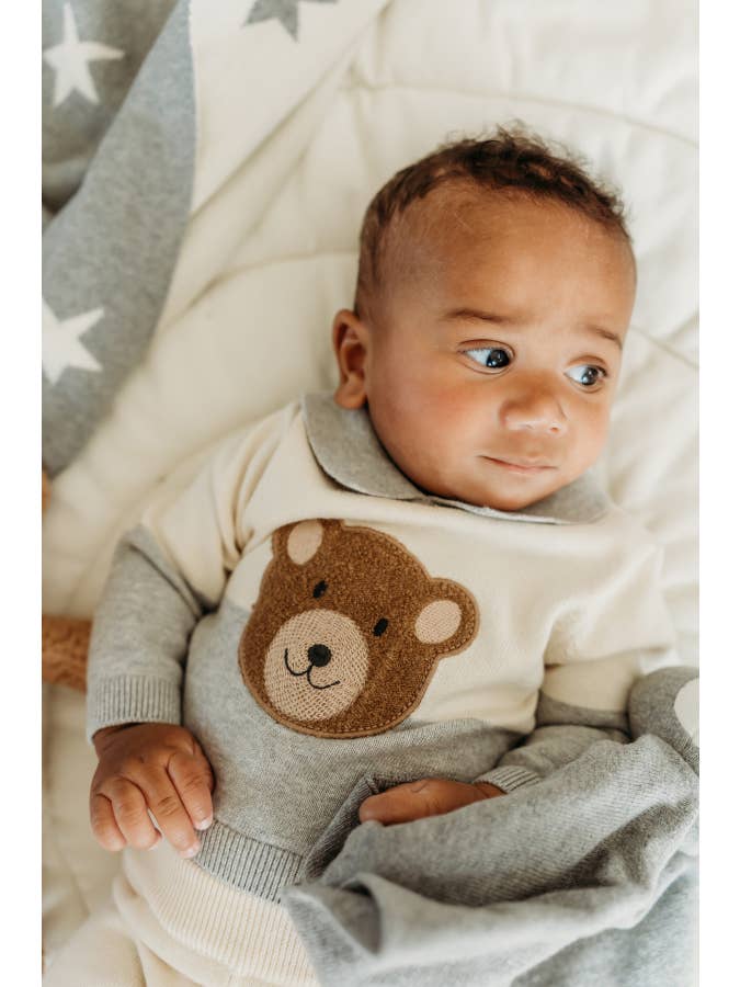 Heather Grey Cuddly Bear Applique Sweater Knit Collar Baby Pullover for wholesale on Faire4