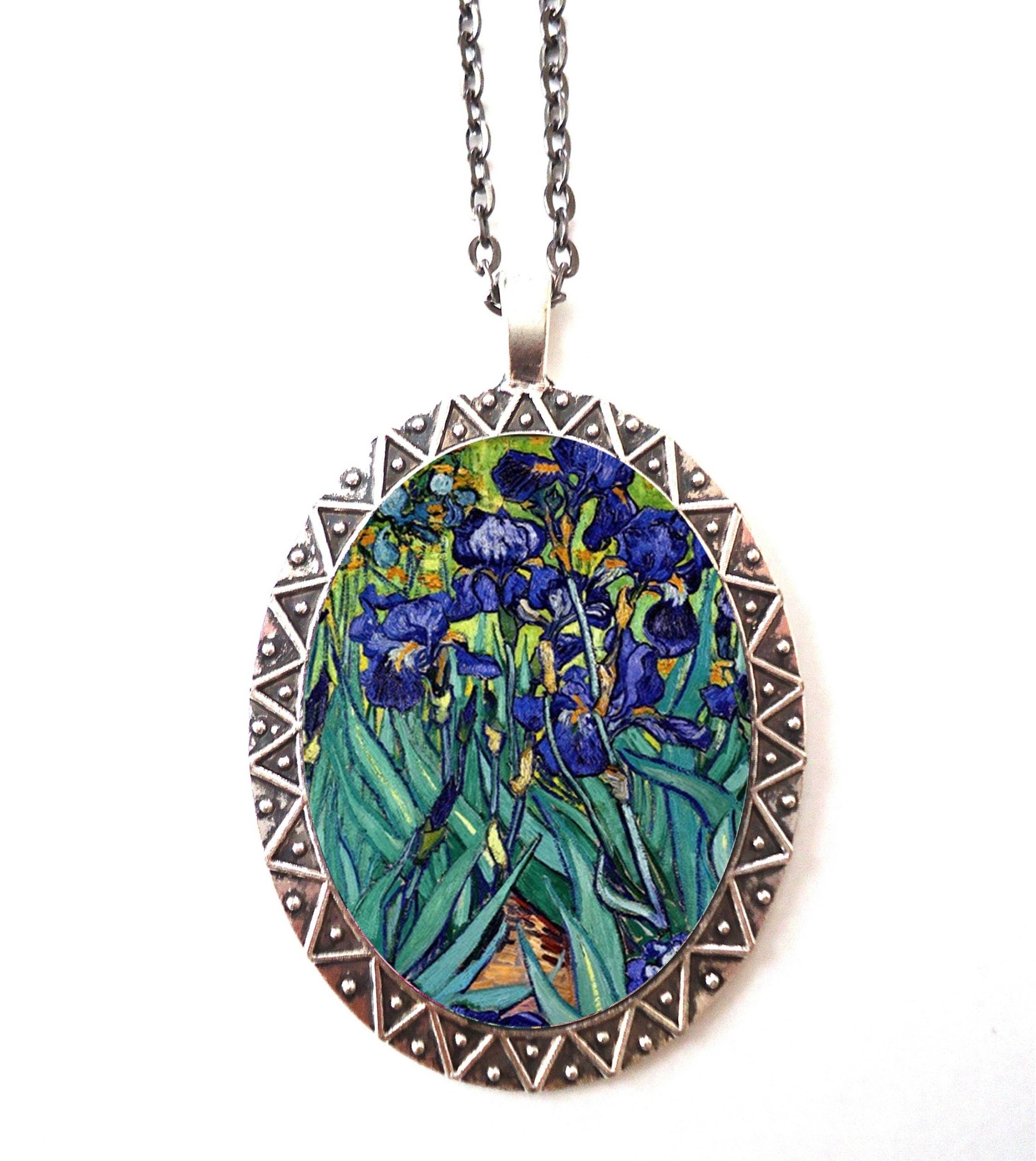 FringePop - Wholesale Pendant/Charm Necklace - Irises Vincent Van Gogh Necklace Pendant Silver Tone - Fine Art Flowers Flower Painting0