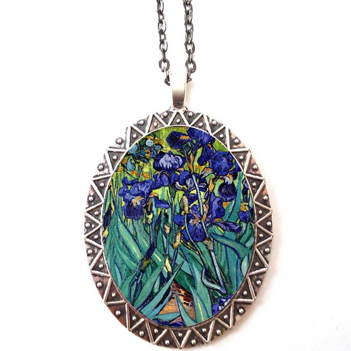 FringePop - Wholesale Pendant/Charm Necklace - Irises Vincent Van Gogh Necklace Pendant Silver Tone - Fine Art Flowers Flower Painting
