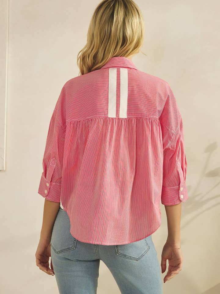 PINSTRIPE WITH CONTRAST WHITE STRIPE BACK BLOUSE- SDT6516 for wholesale by Star Drop