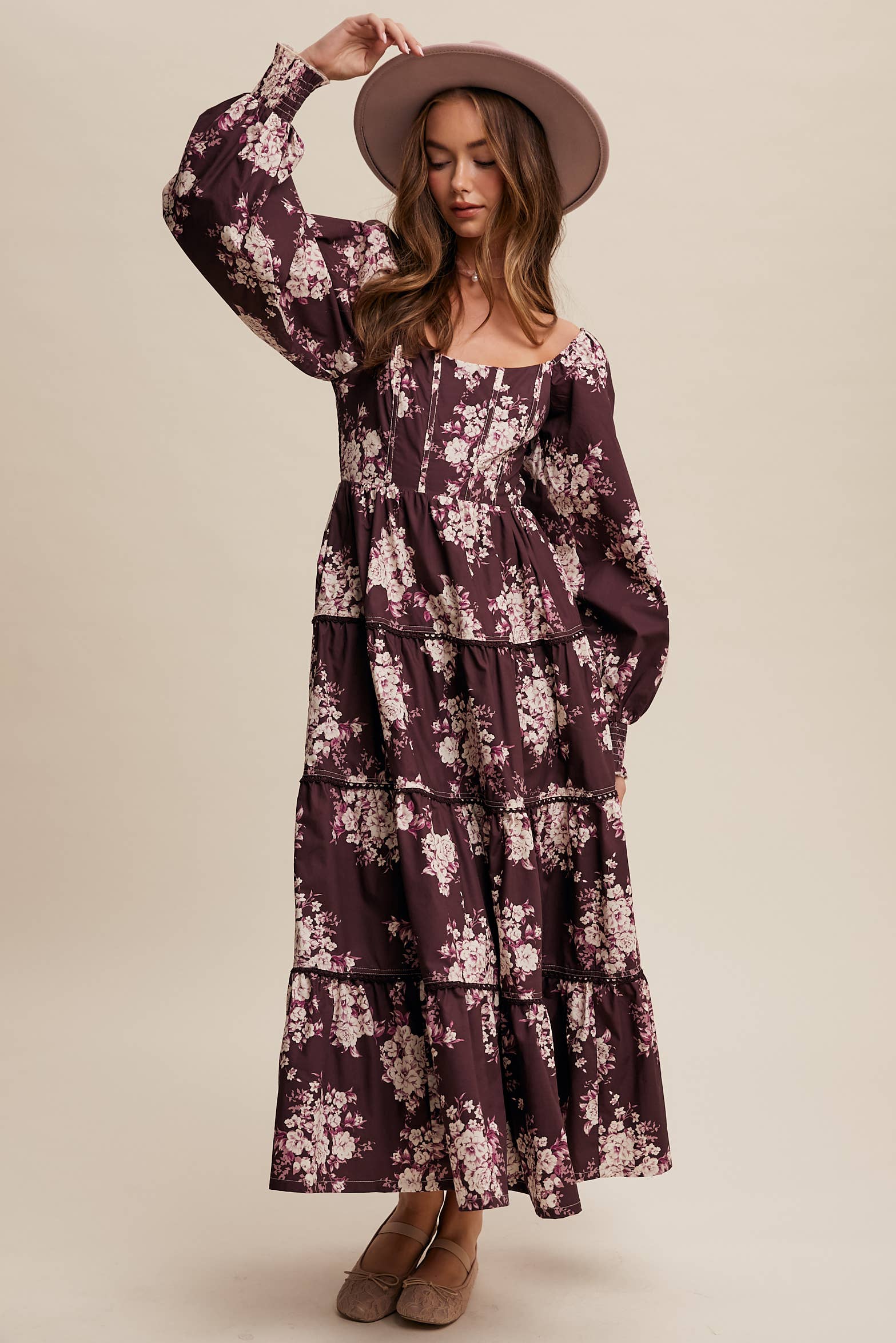 Listicle - Wholesale Dress - Women's - Romantic Floral Tiered Maxi Dress4