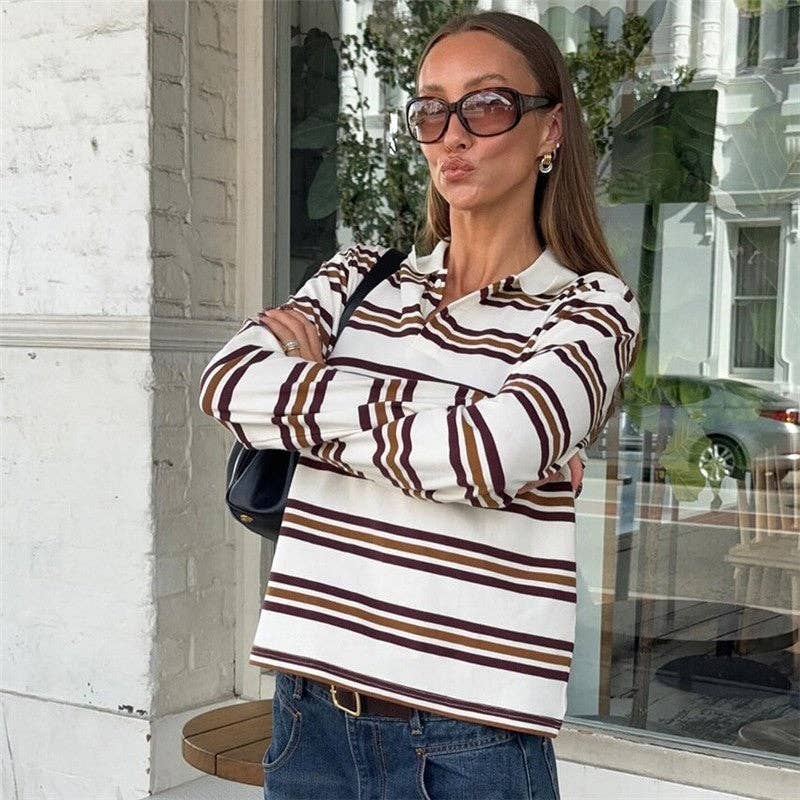 Color Block Striped Polo Collar Long Sleeve T-Shirt for wholesale on Faire1