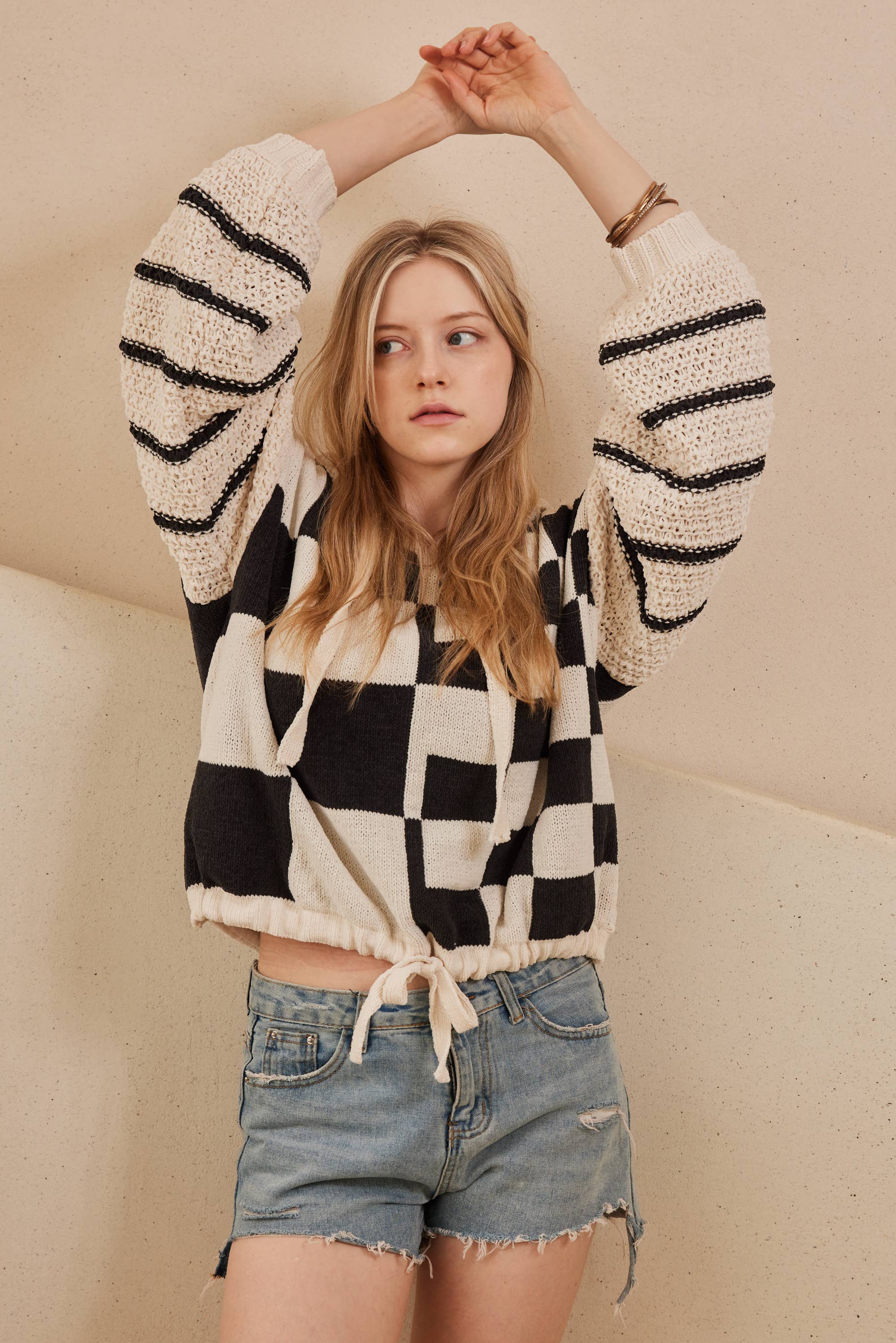 Mello. - Wholesale Knit Sweater - Women's - Hooded Multi Checker Drawstring Sweater2