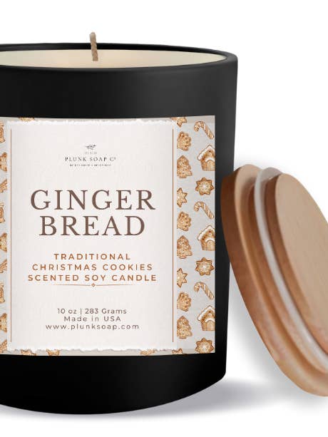 Candela di soia in barattolo nero profumata al pan di zenzero 10 oz per la vendita all'ingrosso da parte di Plunk Soap and Candle Company