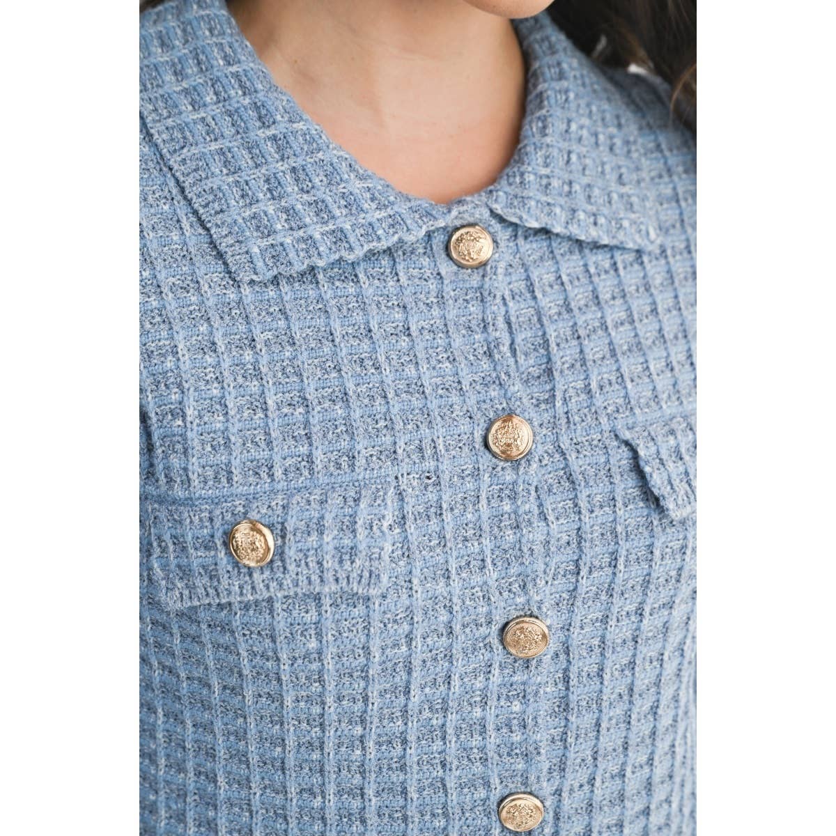 SKYBLUE RIBBED KNIT CARDIGAN WITH GOLD BUTTON ACCENTS for wholesale on Faire3