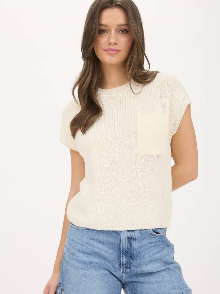Blu Pepper - Wholesale Knit Sweater - Women's - CREWNECK SHORT SLEEVE BATWING SWEATER WITH POCKET