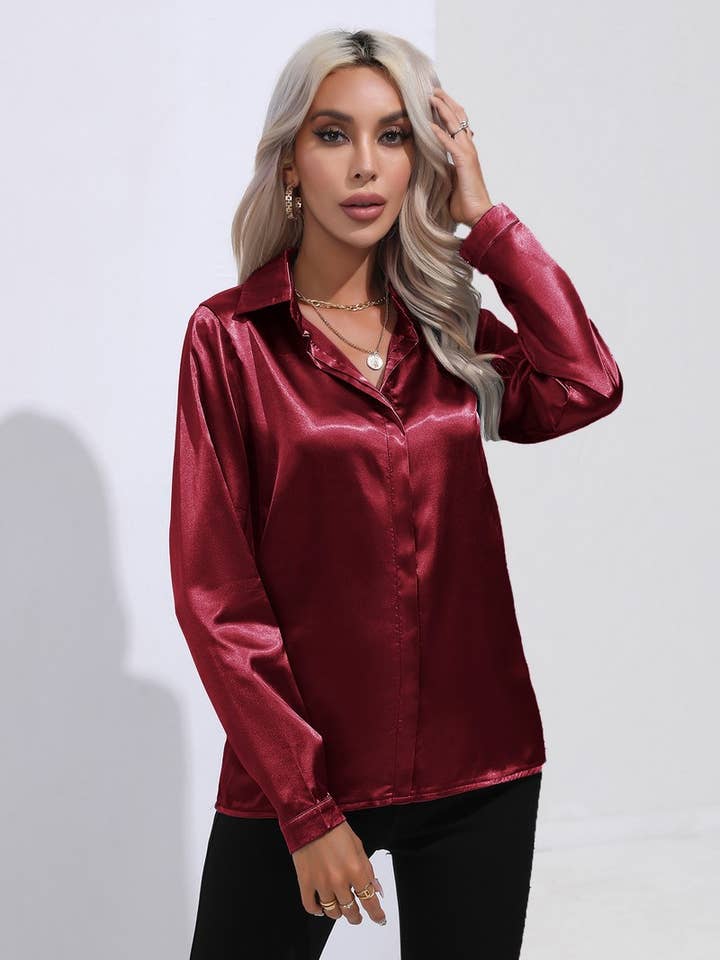 NINEXIS - Wholesale Button Down Shirt - Women's - CWTBLL0692_Button Down Silky Satin Long Sleeve Top41