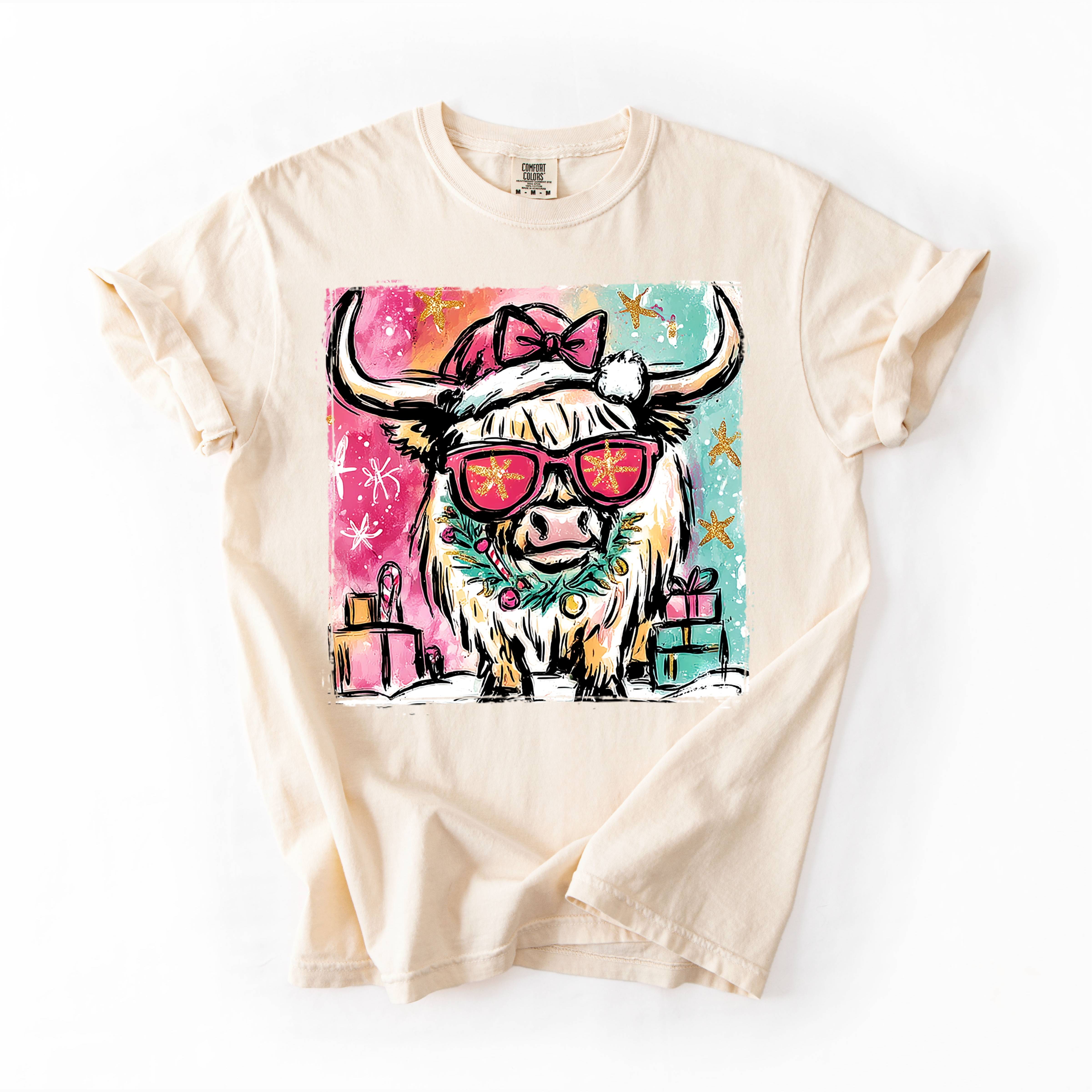 Madi Moosh - Wholesale T-Shirt (Graphic) - Women's - Western Highland Cow Christmas Unisex T-Shirt - Printed On Comfort Colors0