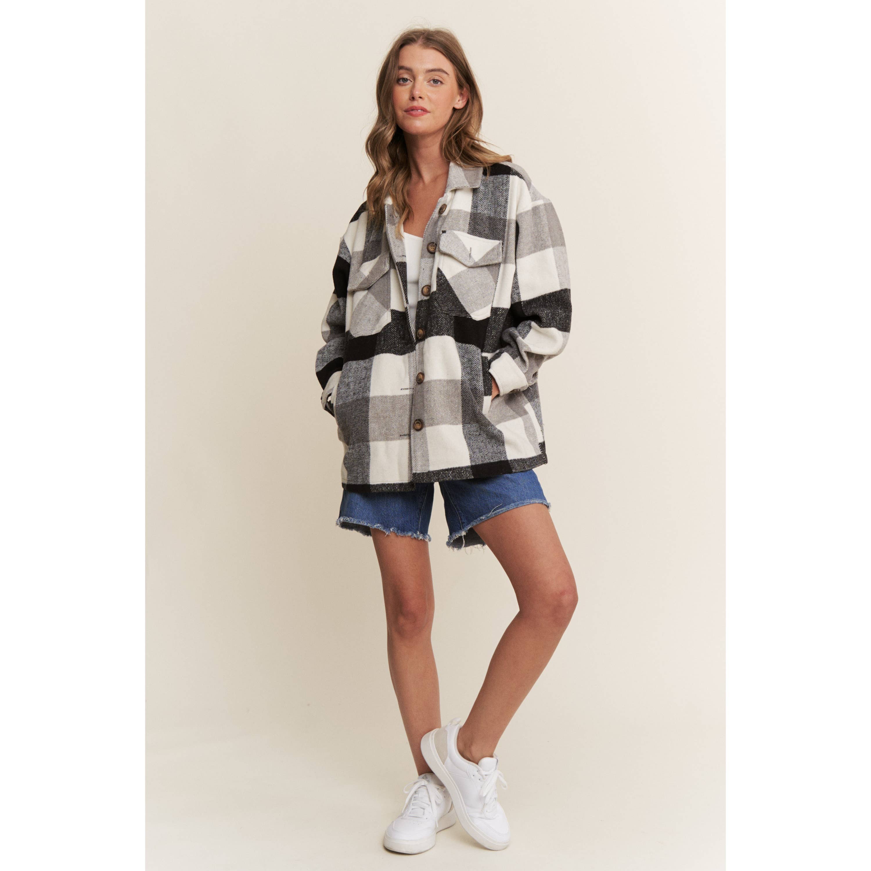 Sweet Generis – wholesale Shirt Jacket/Shacket - Women’s – FUZZY PLAID BUTTON DOWN FLANNEL SHIRT JACKET