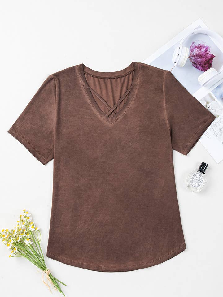 Chestnut Mineral Wash Criss Cross V Neck Casual T Shirt for wholesale on Faire2
