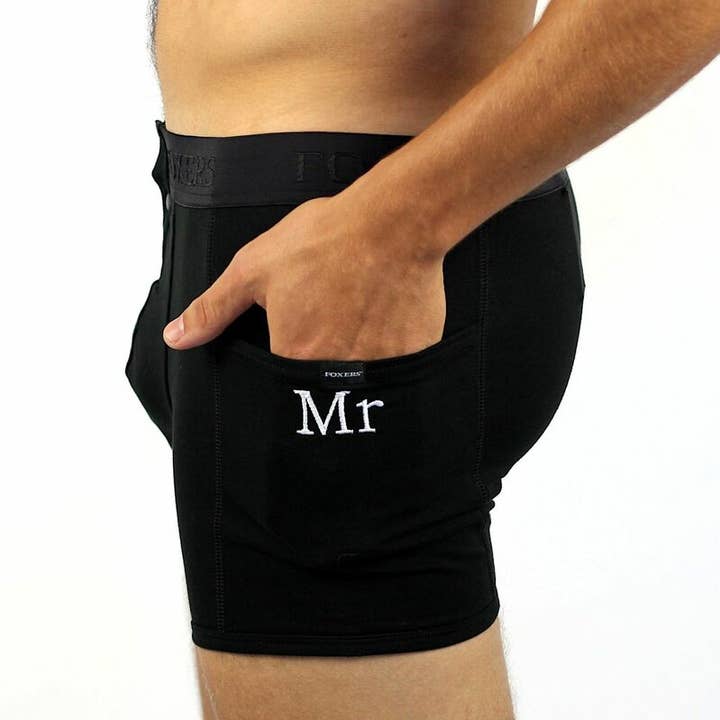 Black Men's Boxer Brief With Black Band & "Mr" Embroidered for wholesale by FOXERS