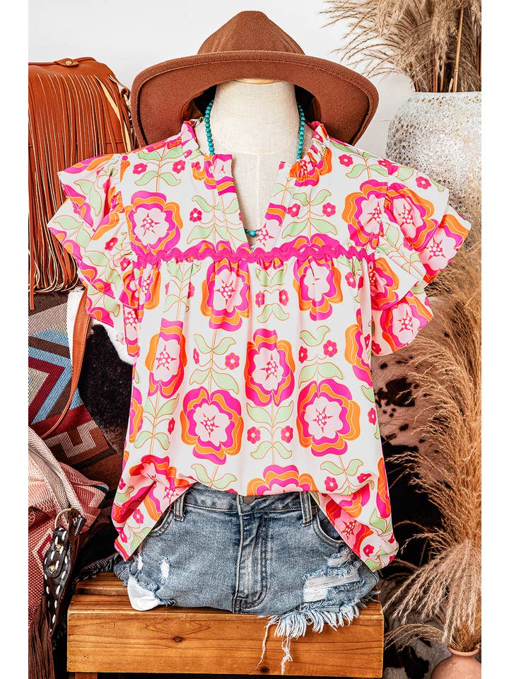 As shown Floral Ruffle Sleeve Ric-rac Trim Split Neck Loose Blouse for wholesale on Faire