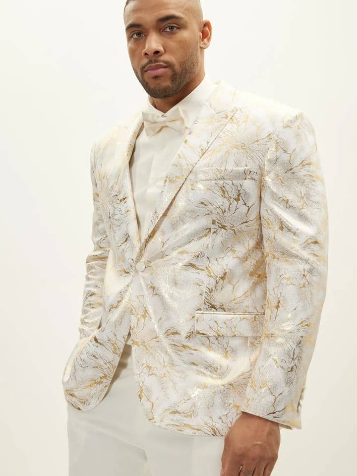 Men's The Wet Look Electric Tuxedo Jacket - White Gold for wholesale by Ron Tomson
