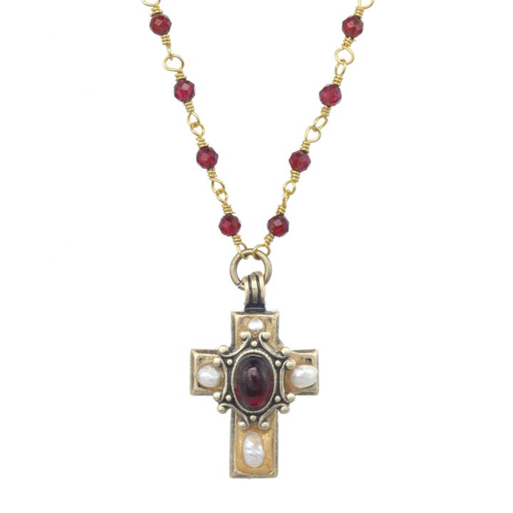 Tiny Garnet and Pearl Cross Necklace for wholesale by Michal Golan Jewelry