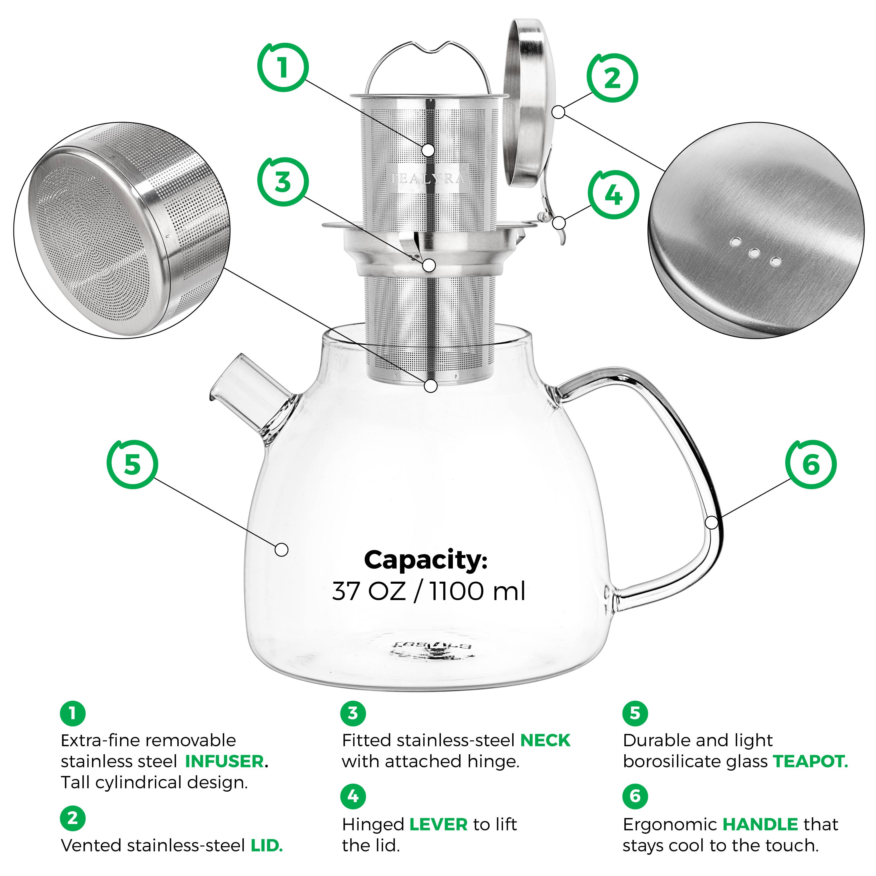 TEALYRA / LUXBE - Vente Théière - Lyra Théière en verre 37 oz Poêle Top Safe5