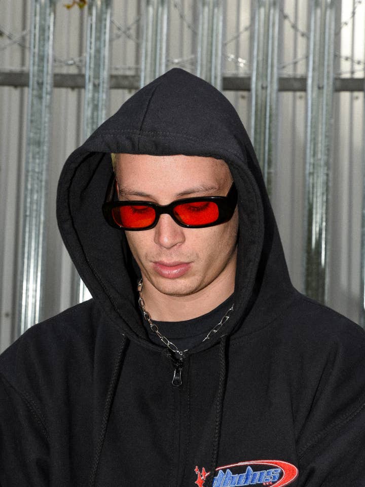 Zip Hoodie in Black Futuristic Logo Embroidery for wholesale by Dream But Do Not Sleep