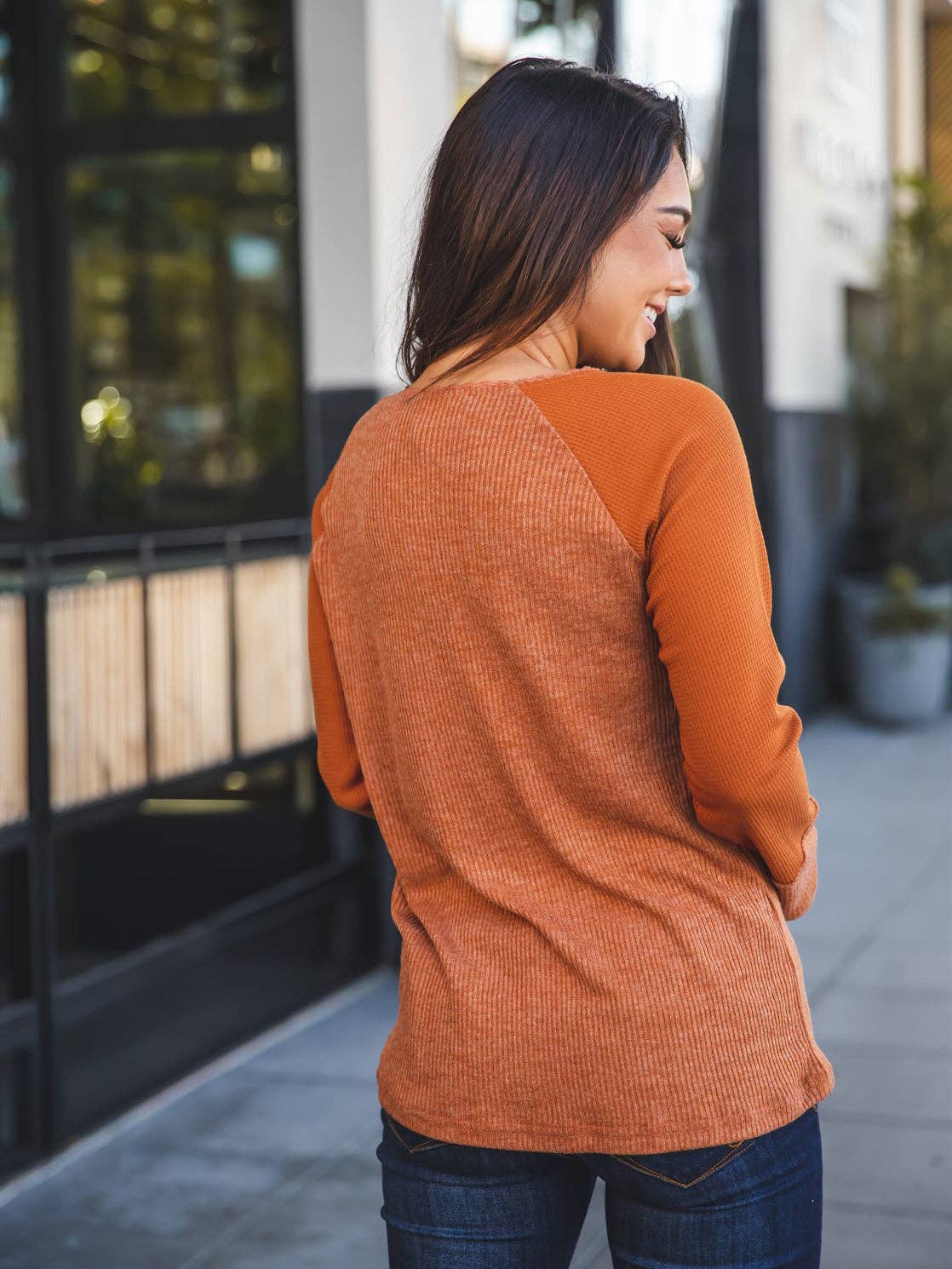 Tickled Teal - Wholesale Knit Top - Women's - Contrast Sleeve Button Knox Top1