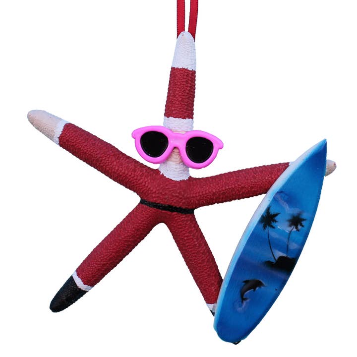 Surfer Finger Starfish Santa Ornament for wholesale by California Seashell Company