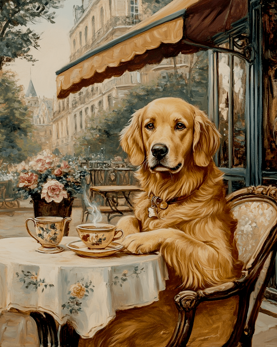 Mowbi - Wholesale Art Print - Golden Retriever at a Paris Cafe - Pet Dog Still Life Wall Art Prints – 8″x10″ Artwork for 11″x14″ Frame0