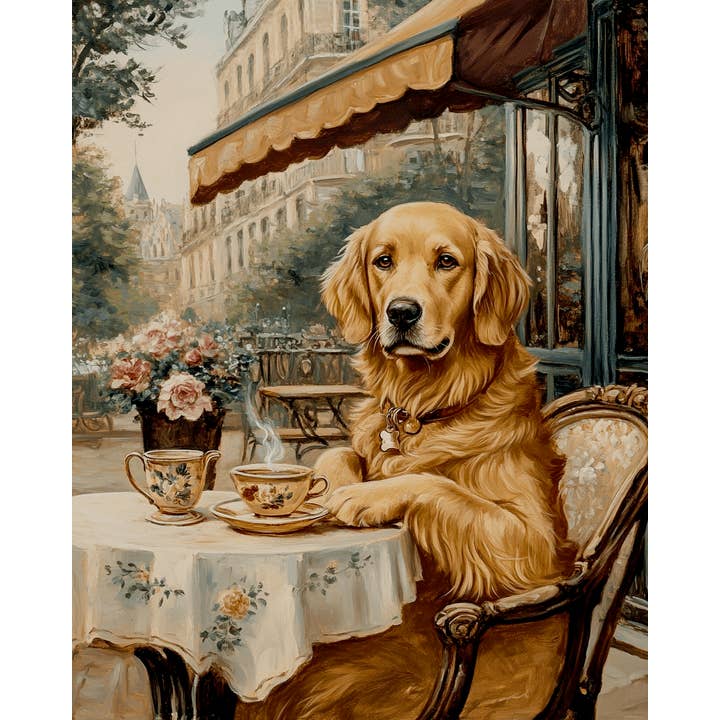 Mowbi - Wholesale Art Print - Golden Retriever at a Paris Cafe - Pet Dog Still Life Wall Art Prints – 8″x10″ Artwork for 11″x14″ Frame