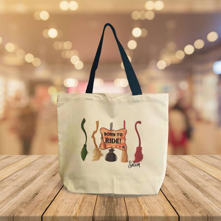 Born To Ride Large Canvas Tote Bag | Broomsticks for wholesale by Eye of Toad, LLC