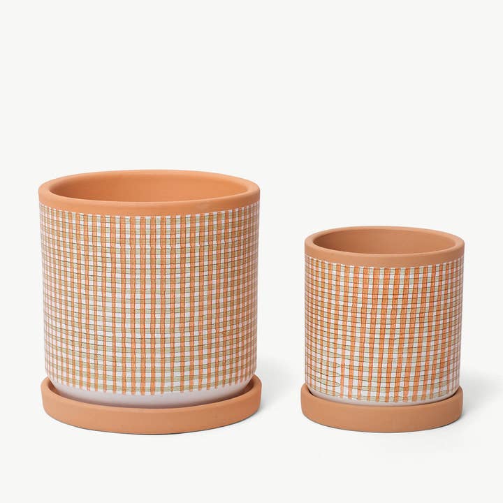 Casa Atlântica - Wholesale Plant Pot - Moss green and pumpkin checkered pot with saucer2