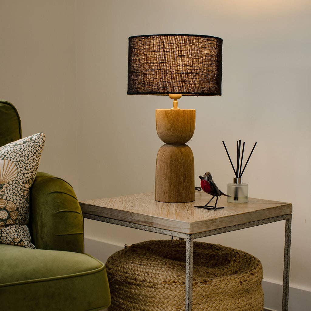 Arthur Cameron - Wholesale Accent/Desk Lamp - Mells, Tall, Light, Sandblasted Wooden Large Table Lamp with Black Shade