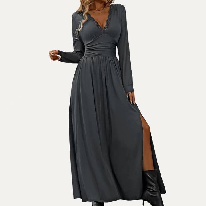 The Moment Collection - Wholesale Dress - Women's - Solid Soft Stretchy Plunging Neck Long Sleeve Maxi Dress