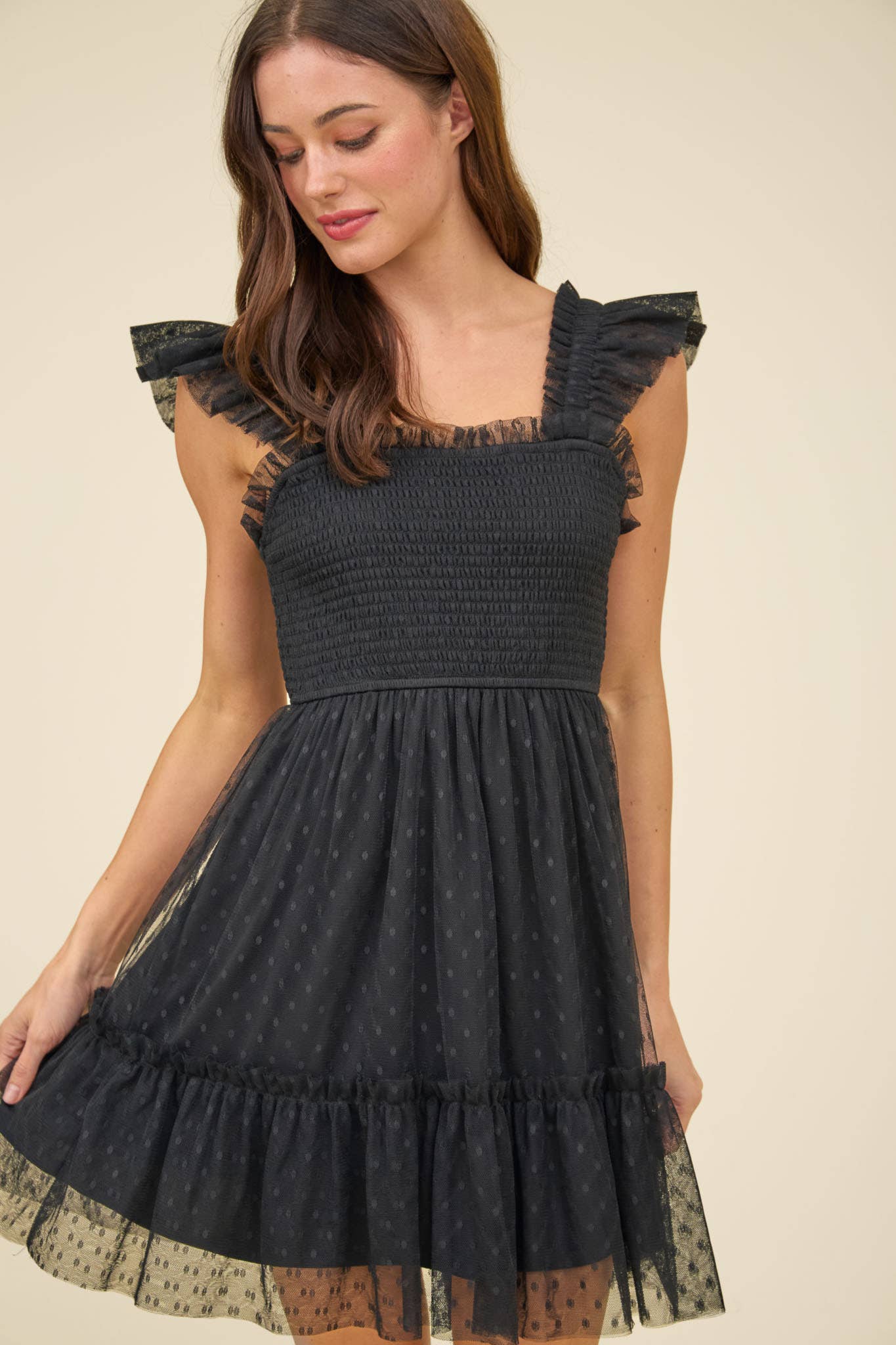 Blu Pepper - Vendita all'ingrosso Vestito - Donna - MINI ABITO IN CHIFFON A POIS CON DETTAGLI ARRICCIATI E VOLANT15