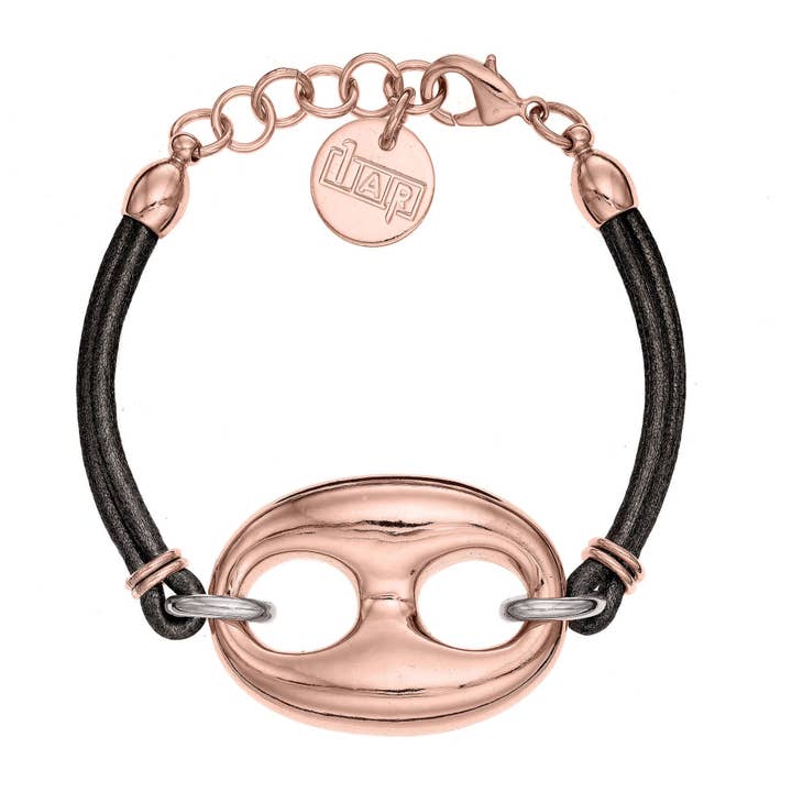 18K Rose Gold EP 8.1" figur 8 länk armband w/lädersladd för wholesale av Luxe on Main LLC
