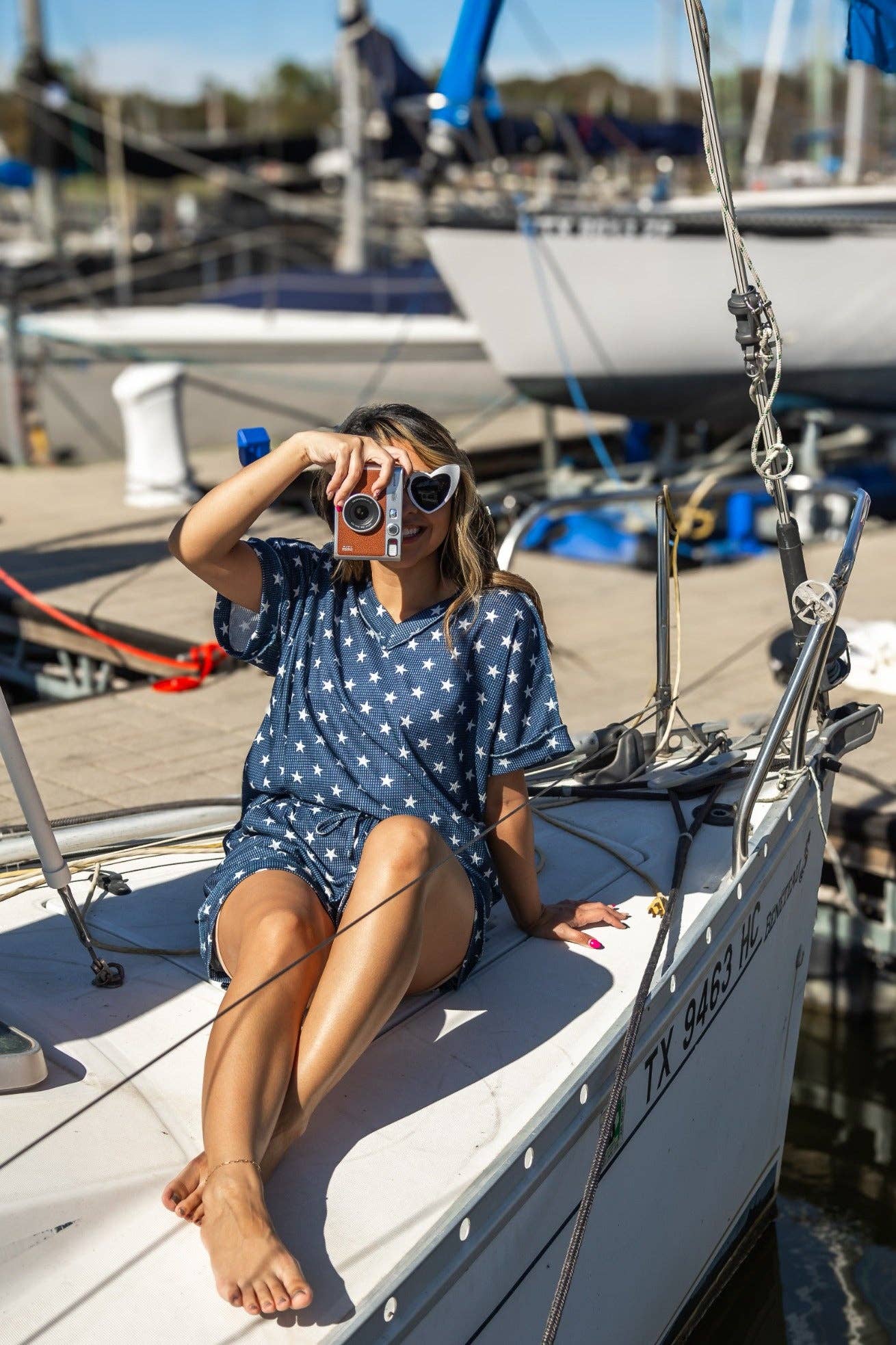 Bleu Le haut en tricot gaufré Lucy Navy Stars en vente sur Faire7