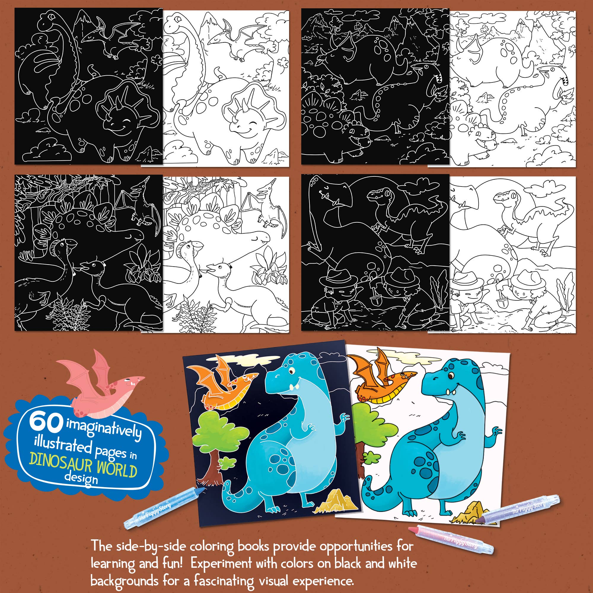 The Piggy Story - Wholesale Coloring & Activity Book - Kids & Baby - Color on Black, Color on White 2-in-1 Tote Dinosaur World3