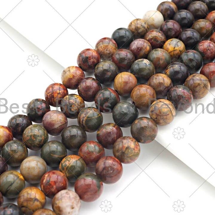 Perle tonde lisce in Picasso jaspe rosso marrone naturale, dimensioni 6mm/8mm/10mm/12mm, filo intero da 39,4 cm, SKU#U1162 per la vendita all'ingrosso da parte di BestBeads&Beyond