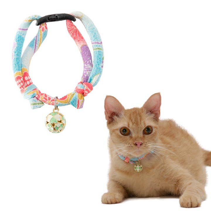 Chirimen Cat Collar with Clover Bell (Baby Blue) for wholesale by MOON-X USA, INC.