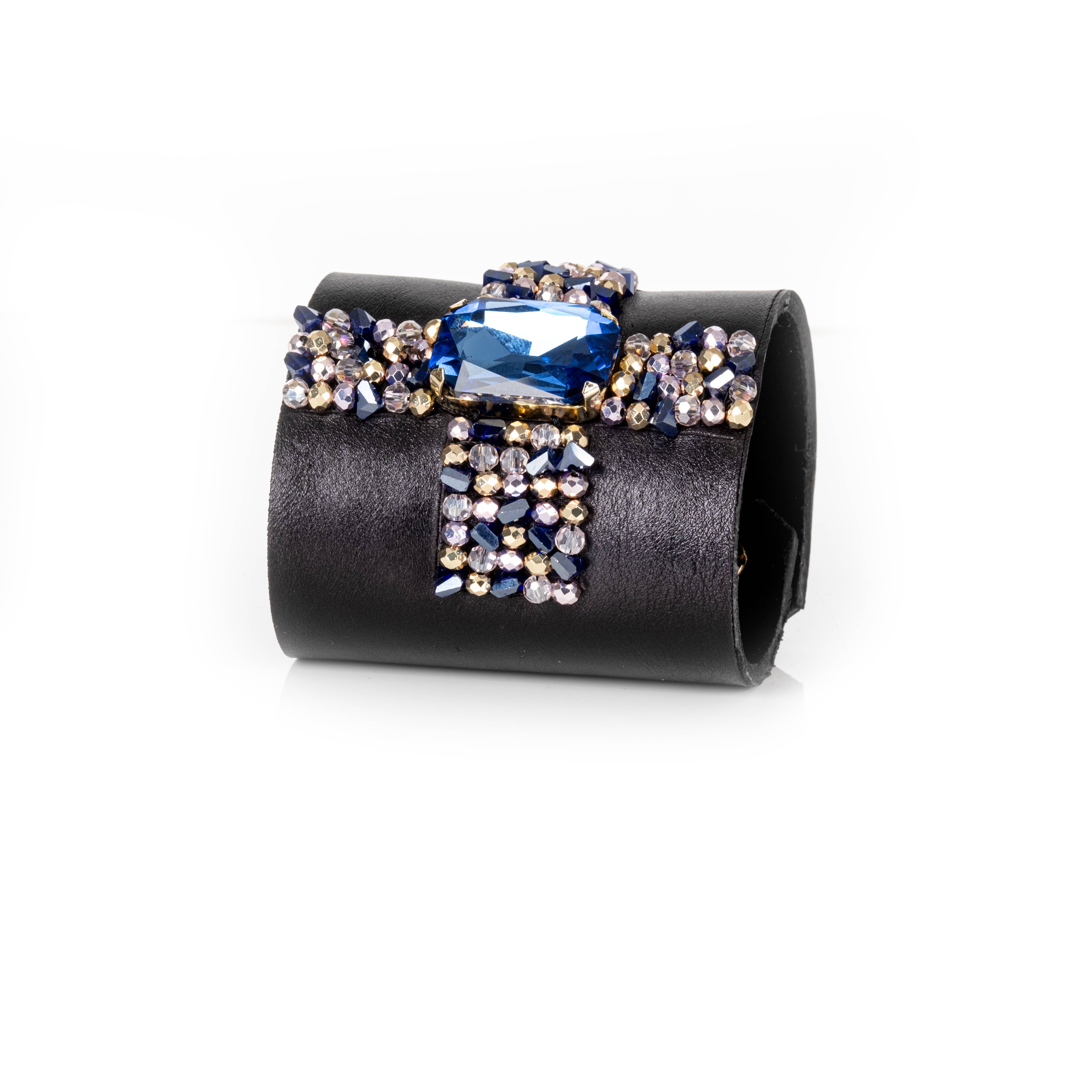 The Dark - Wholesale Cuff Bracelet - Crystal Ribbon Leather Cuff Bracelet Black & Sapphire Ice