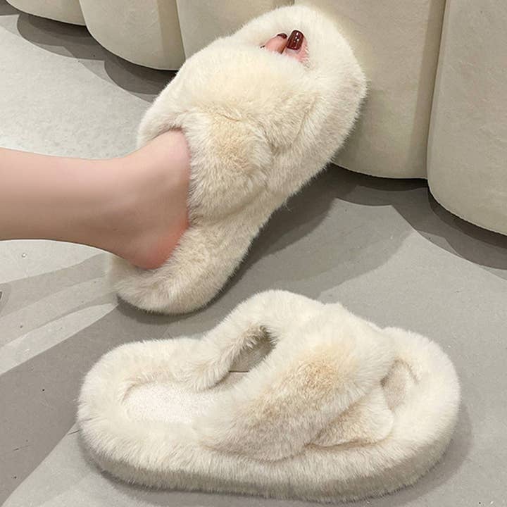 CROSS STRAP FLUFFY BEDROOM SLIPPERS_CWSHS0226 for wholesale by Lovenne