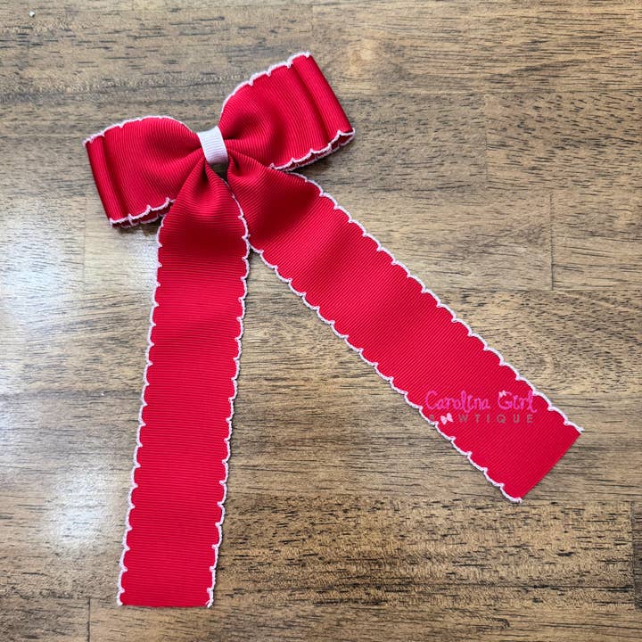 Red w/Pink Moonstitch Bows 5 inch Bows for wholesale by Carolina Girl Bowtique