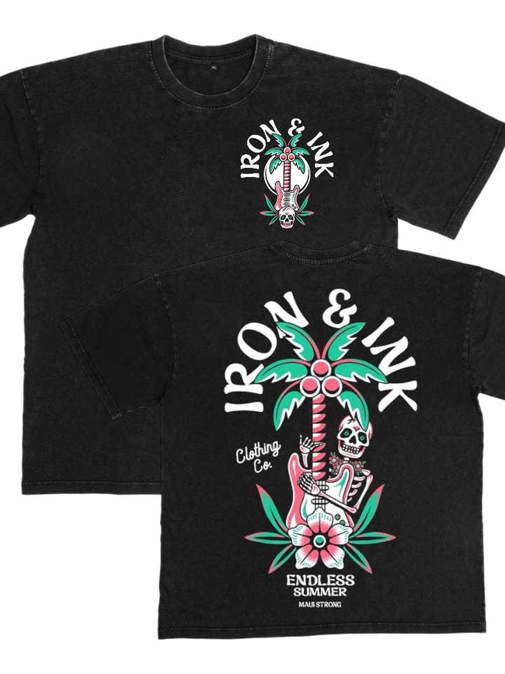 Restock "Endless Summer" oversized heavy wt shirt-acid wash black for wholesale by Iron And Ink Clothing Co