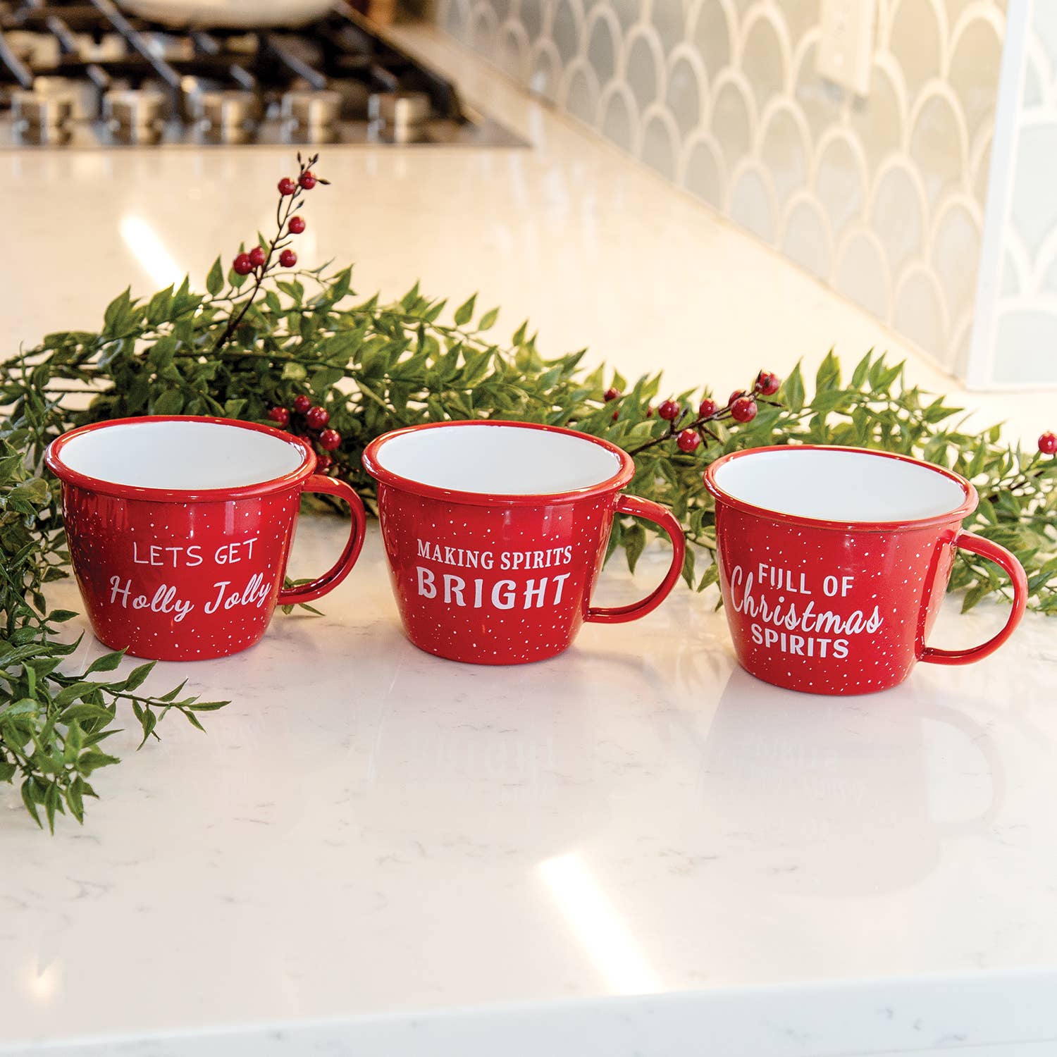 Col House Designs - Wholesale Coffee Mug - Christmas Sprit Red Enamel Mug, 3 Assorted1