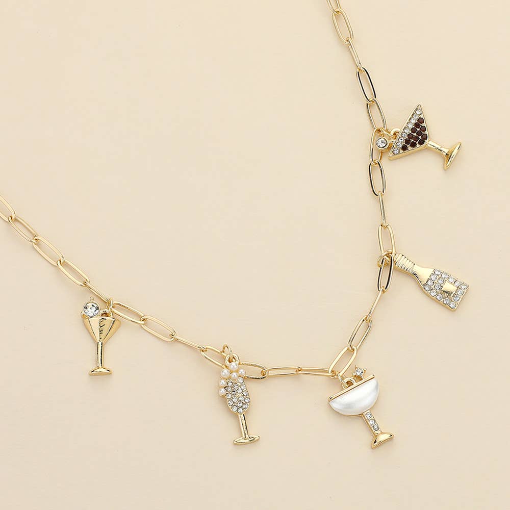 Sensibling Corp. - Wholesale Pendant/Charm Necklace - Stone Paved Cocktail Glass Bottle Charm Station Paperclip Chain Necklace0