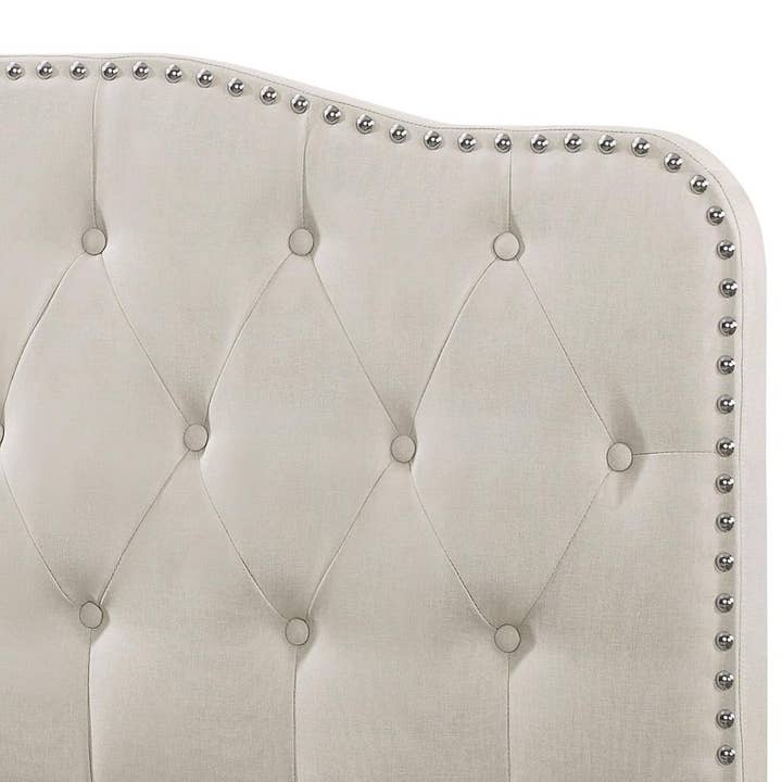 Greenwestons - Wholesale Bed - Beige Linen Uph. Panel Bed with Silver Nailhead- Queen2