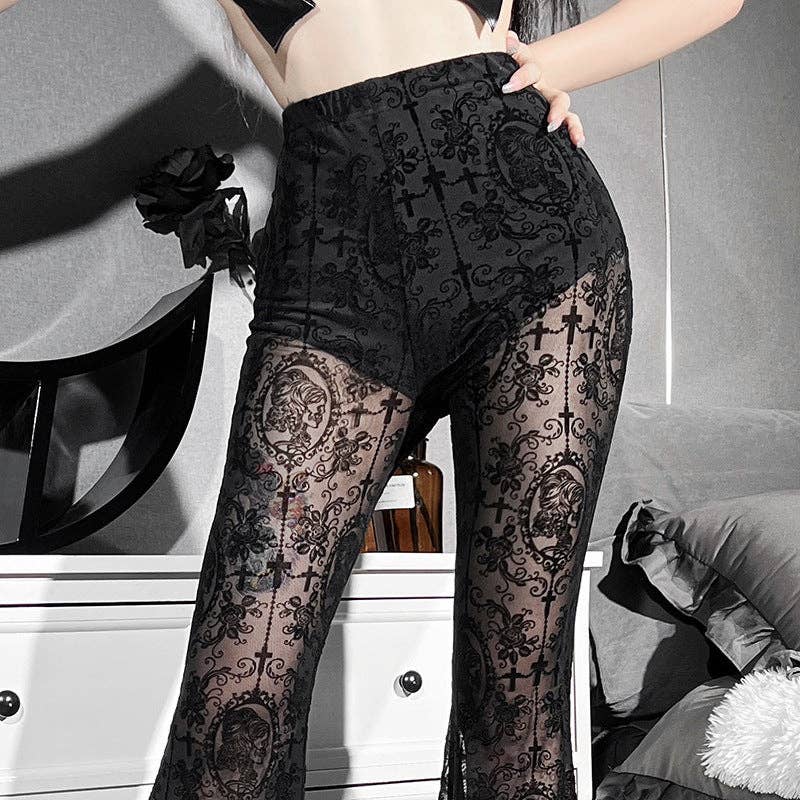 Black Women Fashion Gothic Lace Splicing Perspective High Waist Slim Fit Pants for wholesale on Faire2