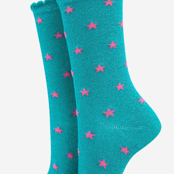 Womens Star Print Cotton Glitter Socks in Aqua Blue for wholesale by Sock Talk