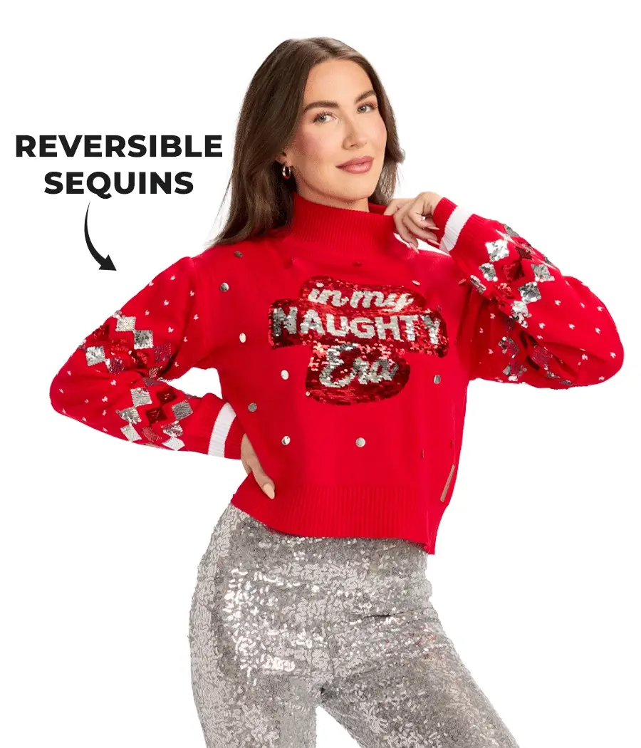 Pull de Noël court Nice Era - Col montant à sequins pour femme pour la vente par Tipsy Elves