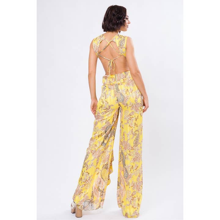 DORCAS - Wholesale Jumpsuit - Women's - YORYU PRINT DEEP V-NECK RUFFLE JUMPSUIT