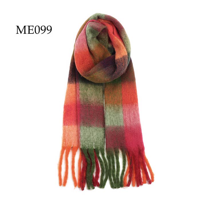 Adorro - Wholesale Scarf - Women's - Soft Chunky Oblong Multi Color Plaid Fleece Scarf