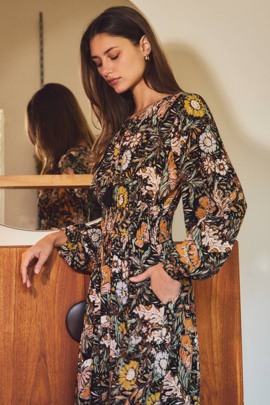 Black Multi Floral Print Midi Dress for wholesale on Faire0